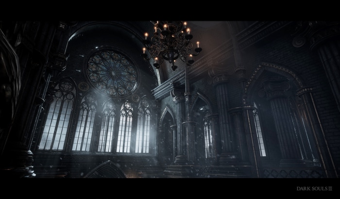 Dark Souls III Cathedral Interior with Stained Glass Window