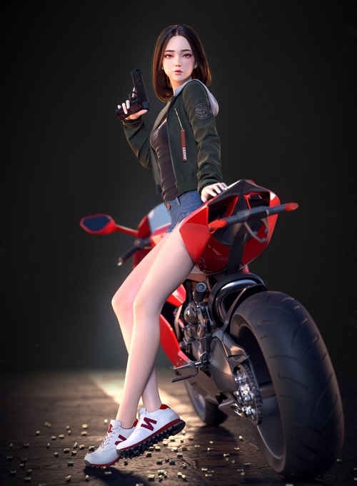 Woman with gun sitting on a red motorcycle