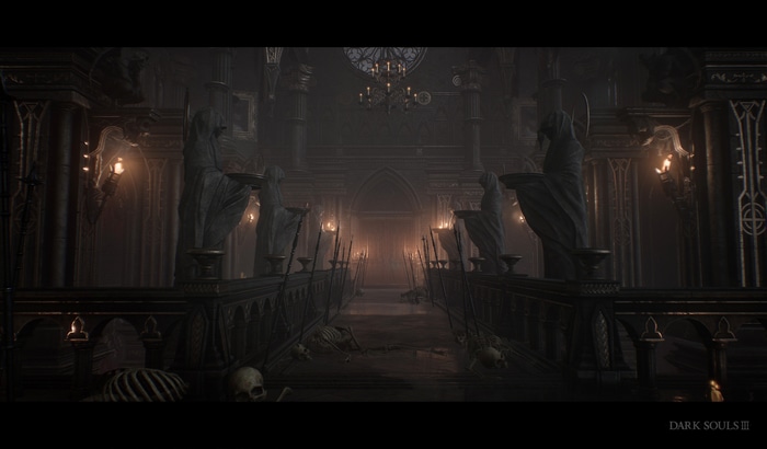 Dark Souls III Cathedral Interior with Skeletons