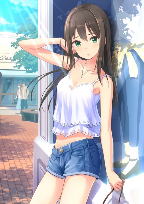 Shibuya Rin in white top and denim shorts