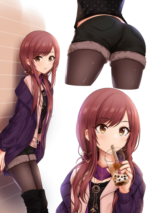 Anime girl in purple jacket drinking bubble tea