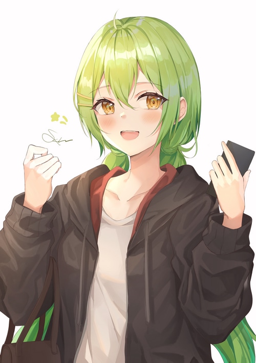 Anime girl with green hair and yellow eyes