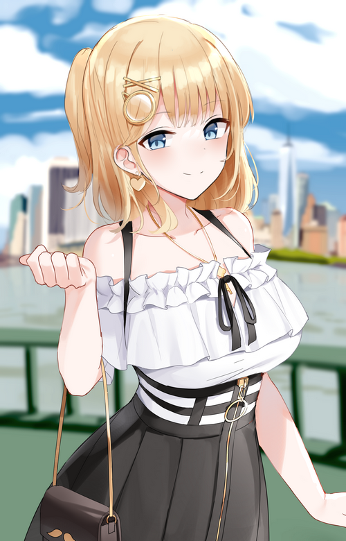 Watson Amelia with a purse in front of city skyline