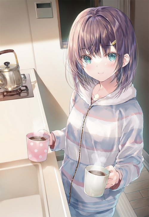Miwabe Sakura holding coffee cups in a kitchen