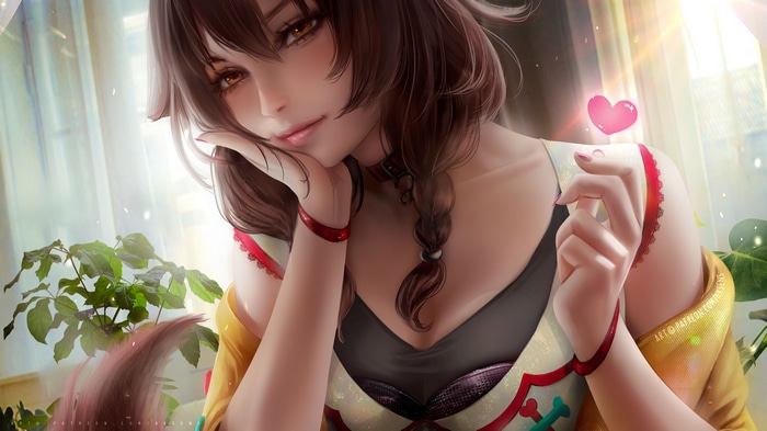 4K CGI woman with brown hair and red accents
