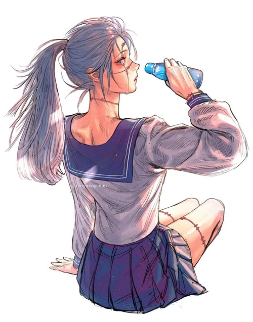 Mahito genderswapped drinking from a bottle