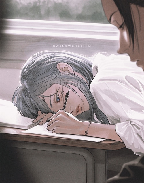 Mahito (Jujutsu Kaisen) genderswapped writing at a desk