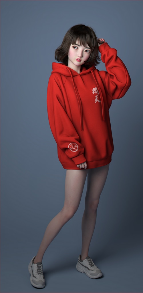 Asian woman in red hoodie and sneakers