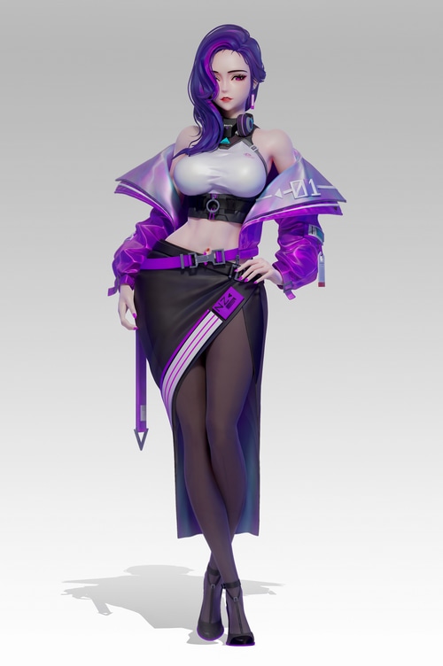 Woman with purple hair and futuristic outfit