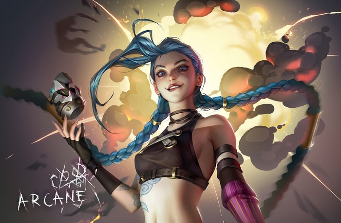 Jinx from Arcane holding a grenade with explosions in the background