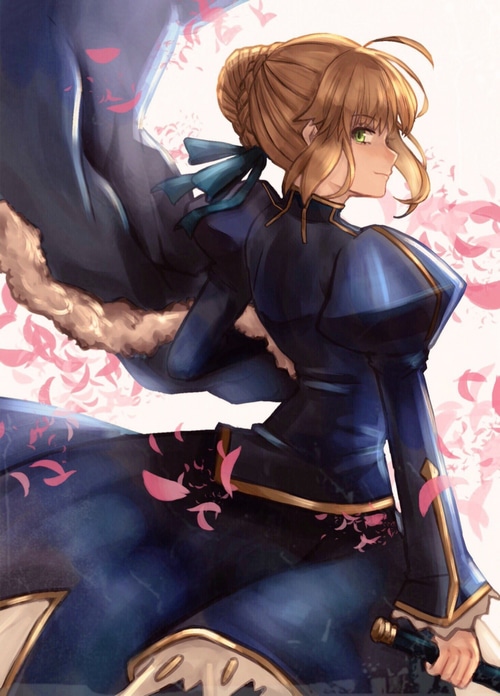 Artoria Pendragon from Fate/Stay Night with pink petals