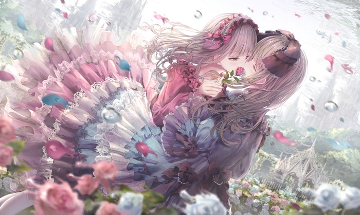 Two women kissing in a fantasy garden with roses