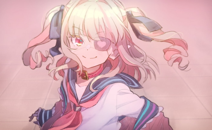 Girl with blonde hair and eyepatch smiling