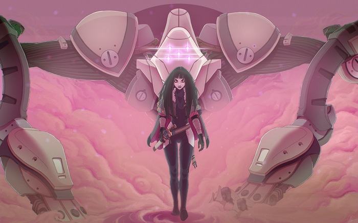 Woman with sword and mech in clouds
