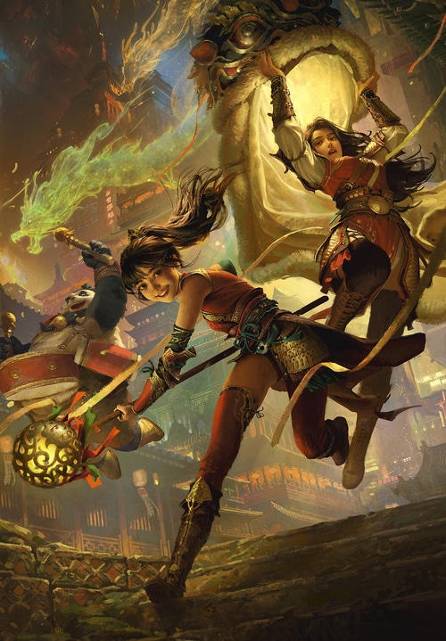 Two women and a panda in a fantasy festival scene