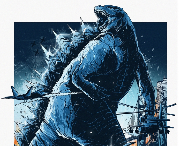 Godzilla roaring with jets flying around him