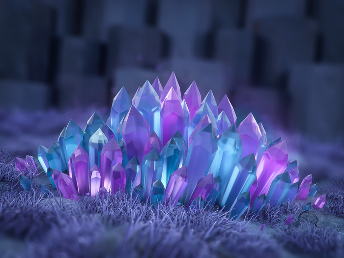 Glowing purple and blue crystals on grass