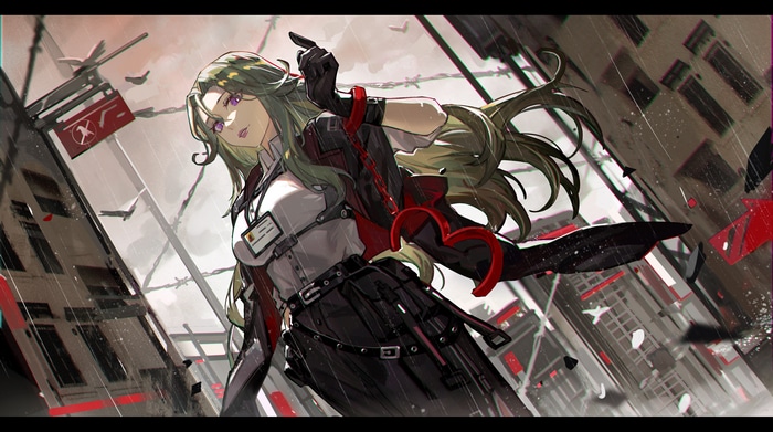 Girl with green hair and handcuffs in a rainy city
