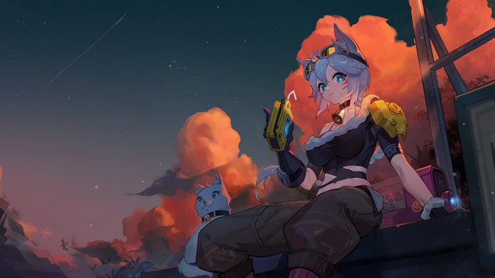 4K Cat Girl with Bell at Sunset