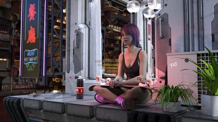 Woman with purple hair and skateboard at night