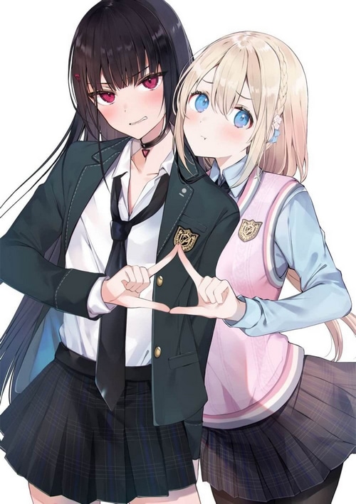 Two anime girls in school uniforms making a triangle