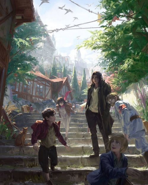Attack on Titan characters on stairs in a town