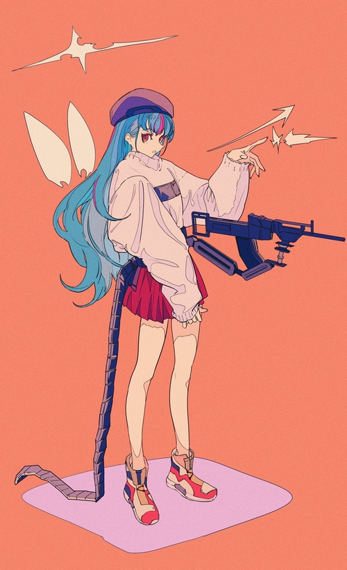 Girl with blue hair and gun