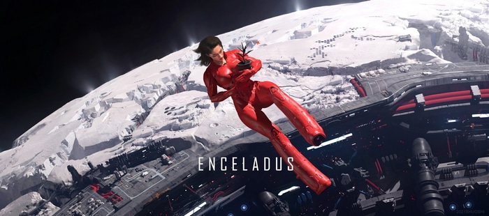 Woman in red suit holding a plant on Enceladus