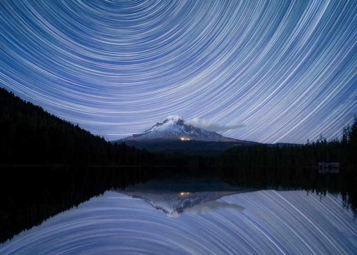Mount Hood Star Trails Over Trillium Lake at Night