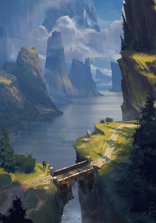Grady Frederick fantasy art of mountains, river, and bridge