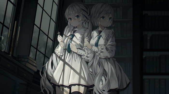 Two girls with gray hair holding a cross