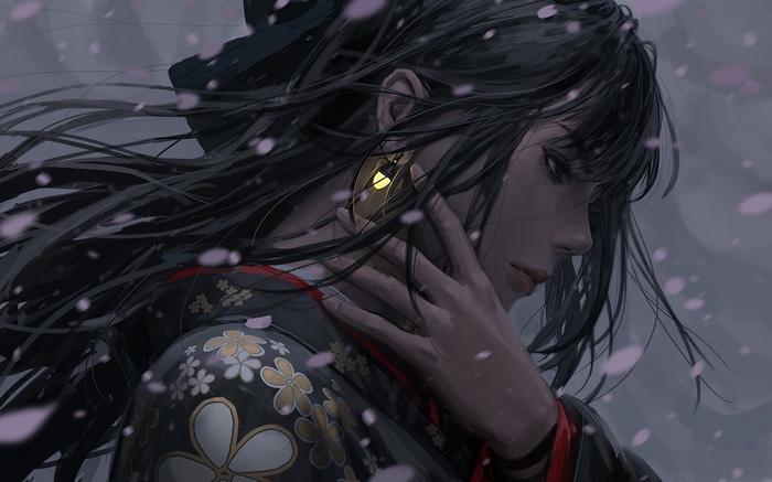 Digital painting of a woman in black clothing by GUWEIZ