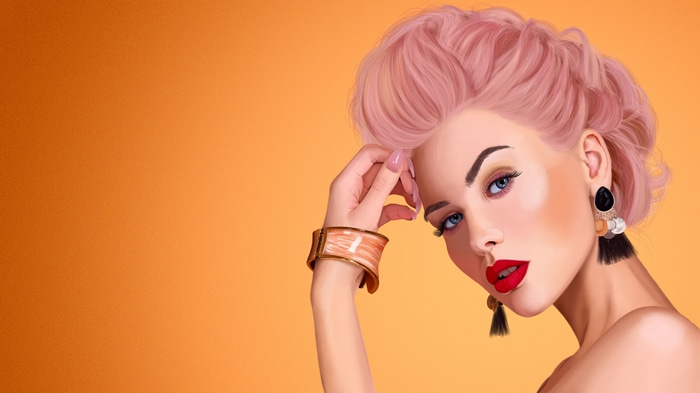 Woman with pink hair and red lipstick