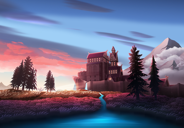 Castle by a lake at sunset with mountains