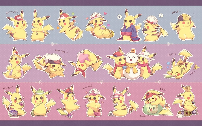 Pikachu in various cute outfits and poses