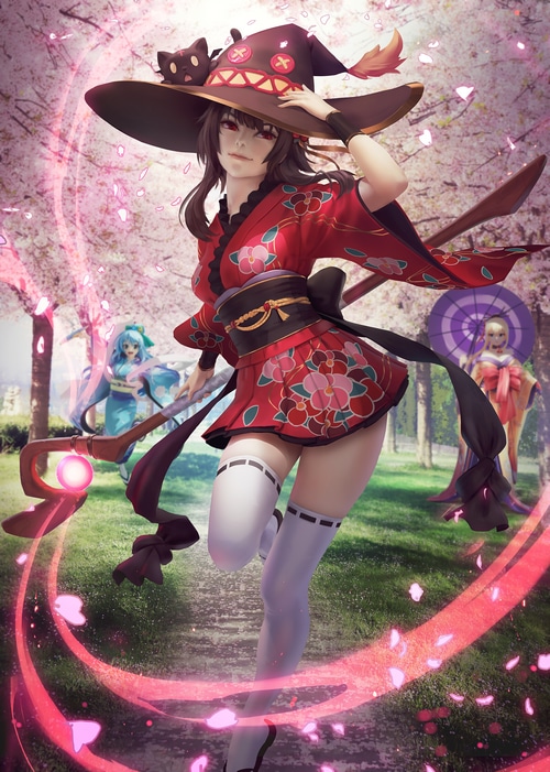 Megumin and friends in a cherry blossom garden