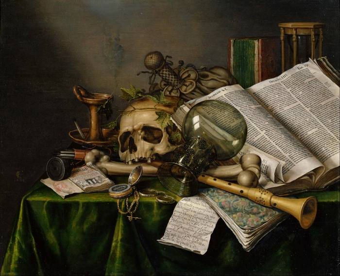 Still Life with Skull and Books by Evert Collier