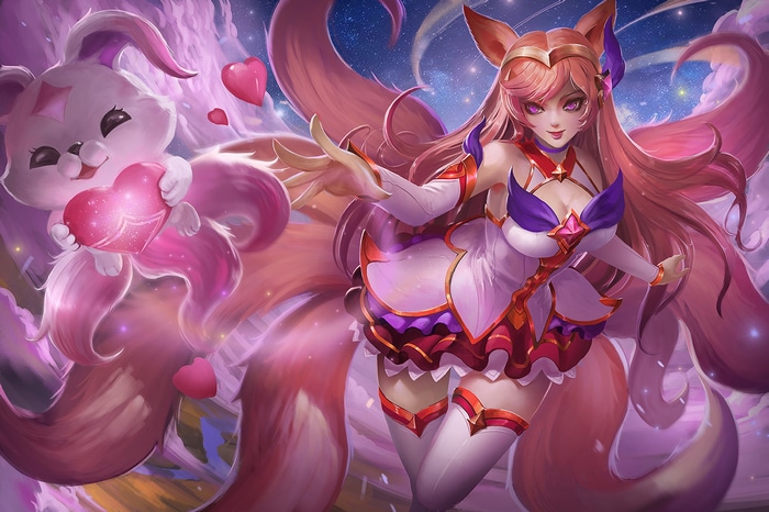 Ahri and a pink creature with hearts in League of Legends
