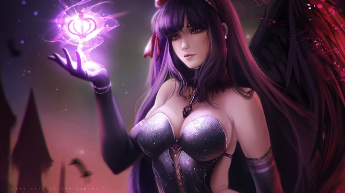 4K Anime Woman with Black Wings and Magic Staff