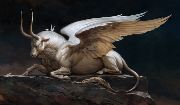 Winged Bull Creature with Horns and Birds