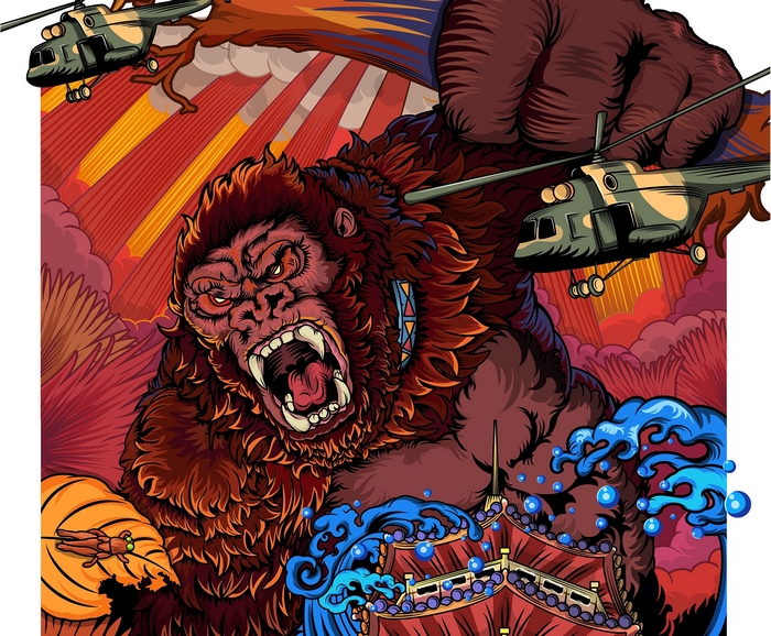 King Kong fighting helicopters near a pagoda