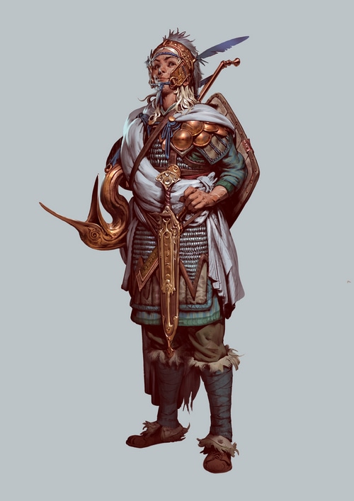 Fantasy warrior with ornate armor and sword