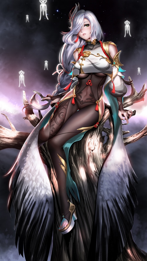 Shenhe from Genshin Impact sitting on a tree branch
