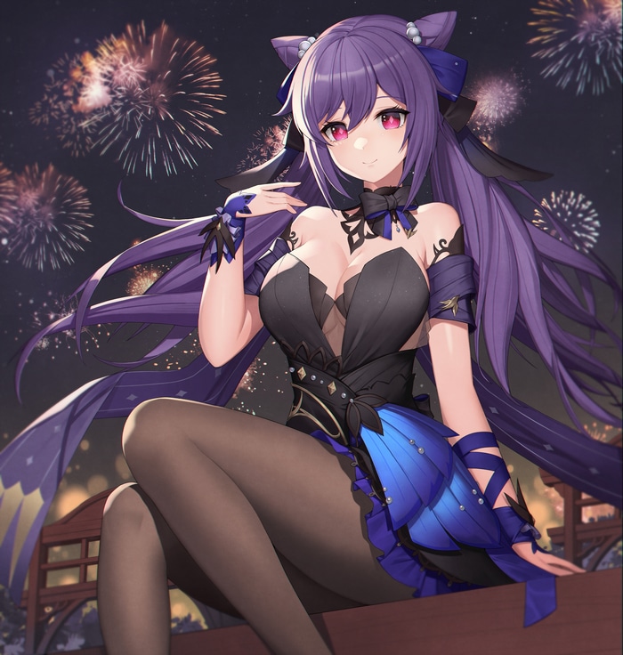 Keqing from Genshin Impact with fireworks