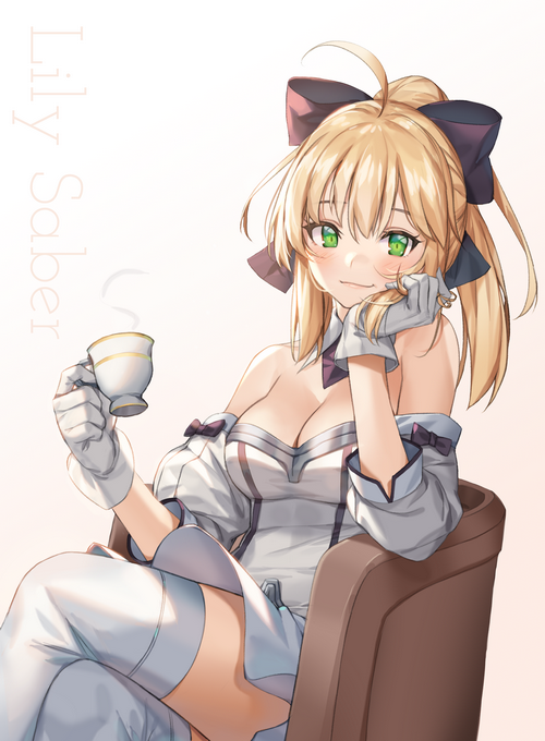 Saber Lily from Fate/Grand Order holding a teacup