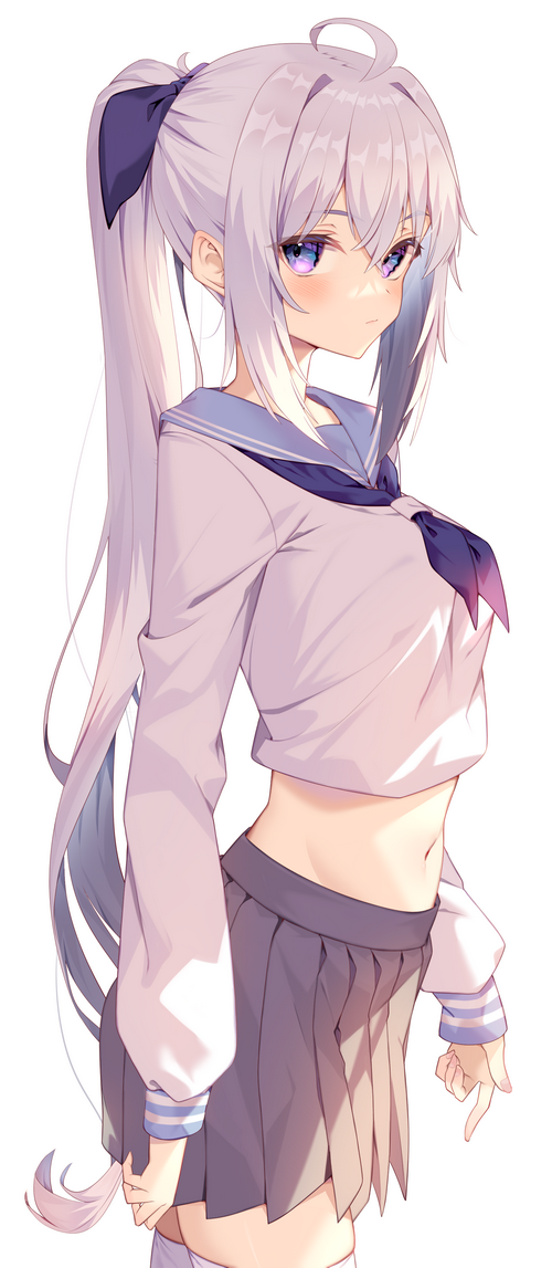 Anime girl with silver hair and purple eyes in school uniform