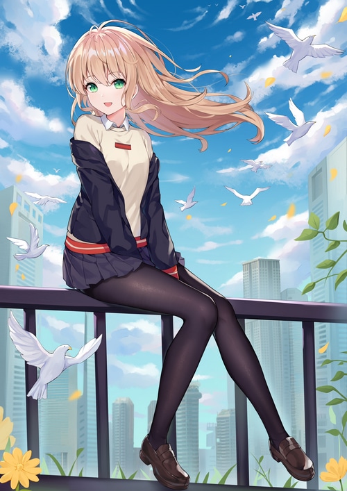 Girl with blonde hair and green eyes sitting on a railing