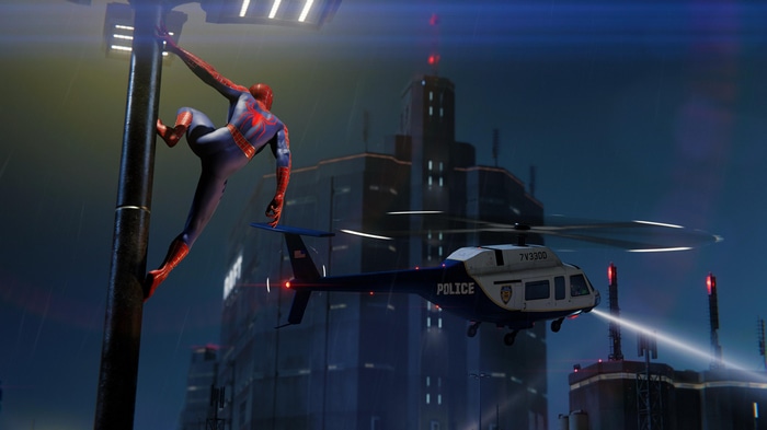 Spider-Man and Police Helicopter in City