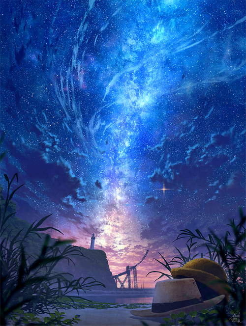 Starry night sky over a lighthouse and bridge