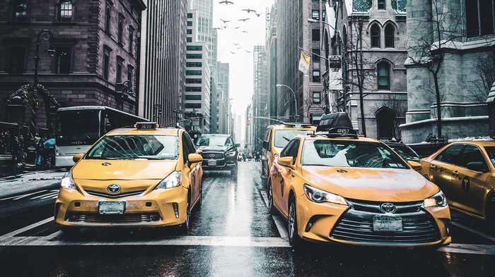 Yellow Taxis on a Wet Street in New York City